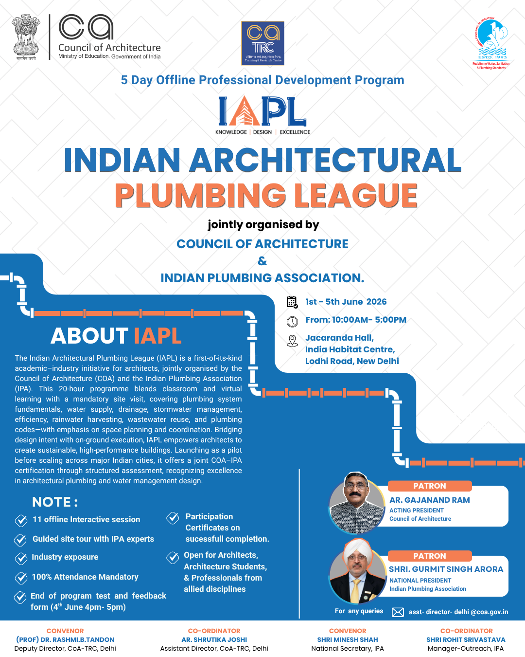 5-Day Offline Professional Development Program on Indian Architectural Plumbing League